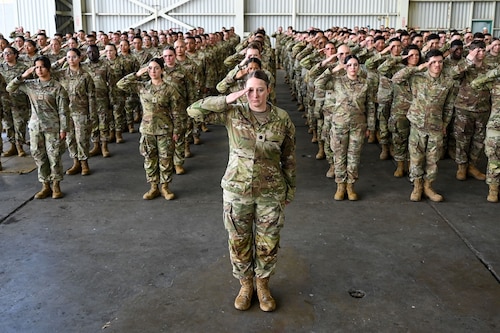 Airmen render a salute during a change of command ceremony at Ceiba, Puerto Rico, March 15, 2026. U.S. military forces are deployed to the Caribbean in support of the U.S. Southern Command mission, Department of War-directed operations, and the president’s priorities to disrupt illicit drug trafficking and protect the homeland. (U.S. Air Force photo)