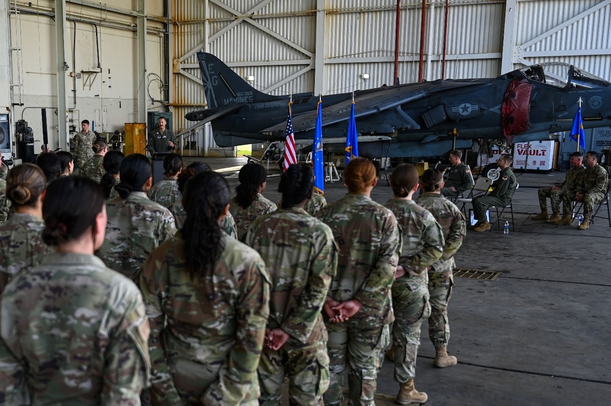 U.S. Air Force Col. Benjamin A. Donberg, 346th Air Expeditionary Wing outbound commander provides remarks during a change of command ceremony at Ceiba, Puerto Rico, March 15, 2026. U.S. military forces are deployed to the Caribbean in support of the U.S. Southern Command mission, Department of War-directed operations, and the president’s priorities to disrupt illicit drug trafficking and protect the homeland. (U.S. Air Force photo)