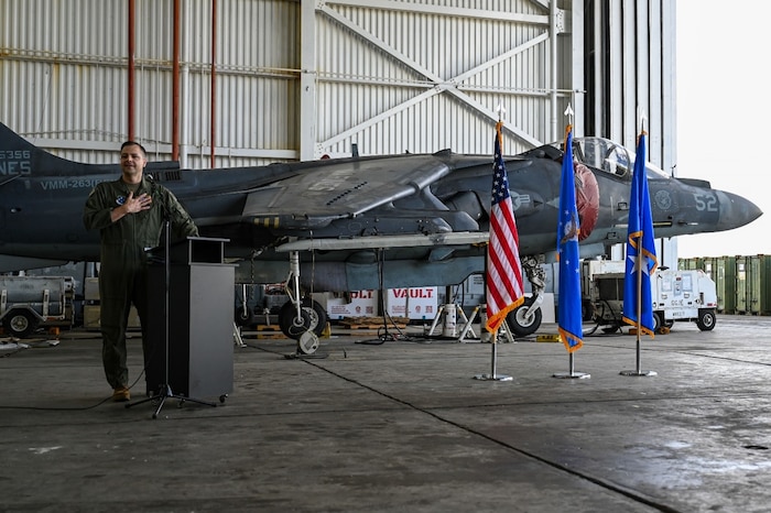 U.S. Air Force Col. William J. Watkins, 346th Air Expeditionary Wing commander, provides remarks after assuming command of 346th AEW during a change of command ceremony at Ceiba, Puerto Rico, March 15, 2026. U.S. military forces are deployed to the Caribbean in support of the U.S. Southern Command mission, Department of War-directed operations, and the president’s priorities to disrupt illicit drug trafficking and protect the homeland. (U.S. Air Force photo)
