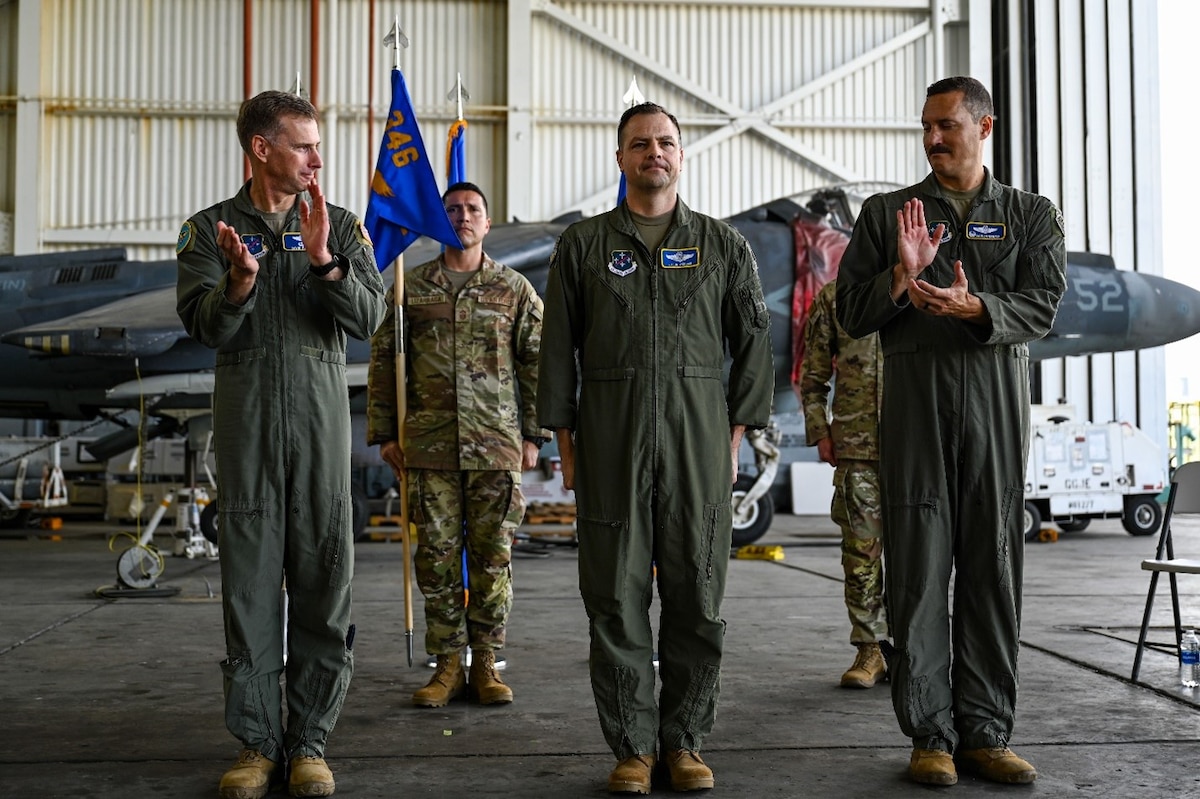 U.S. Air Force Col. William J. Watkins, center, 346th Air Expeditionary Wing inbound commander, assumes command of 346th AEW during a change of command ceremony at Ceiba, Puerto Rico, March 15, 2026. U.S. military forces are deployed to the Caribbean in support of the U.S. Southern Command mission, Department of War-directed operations, and the president’s priorities to disrupt illicit drug trafficking and protect the homeland. (U.S. Air Force photo)