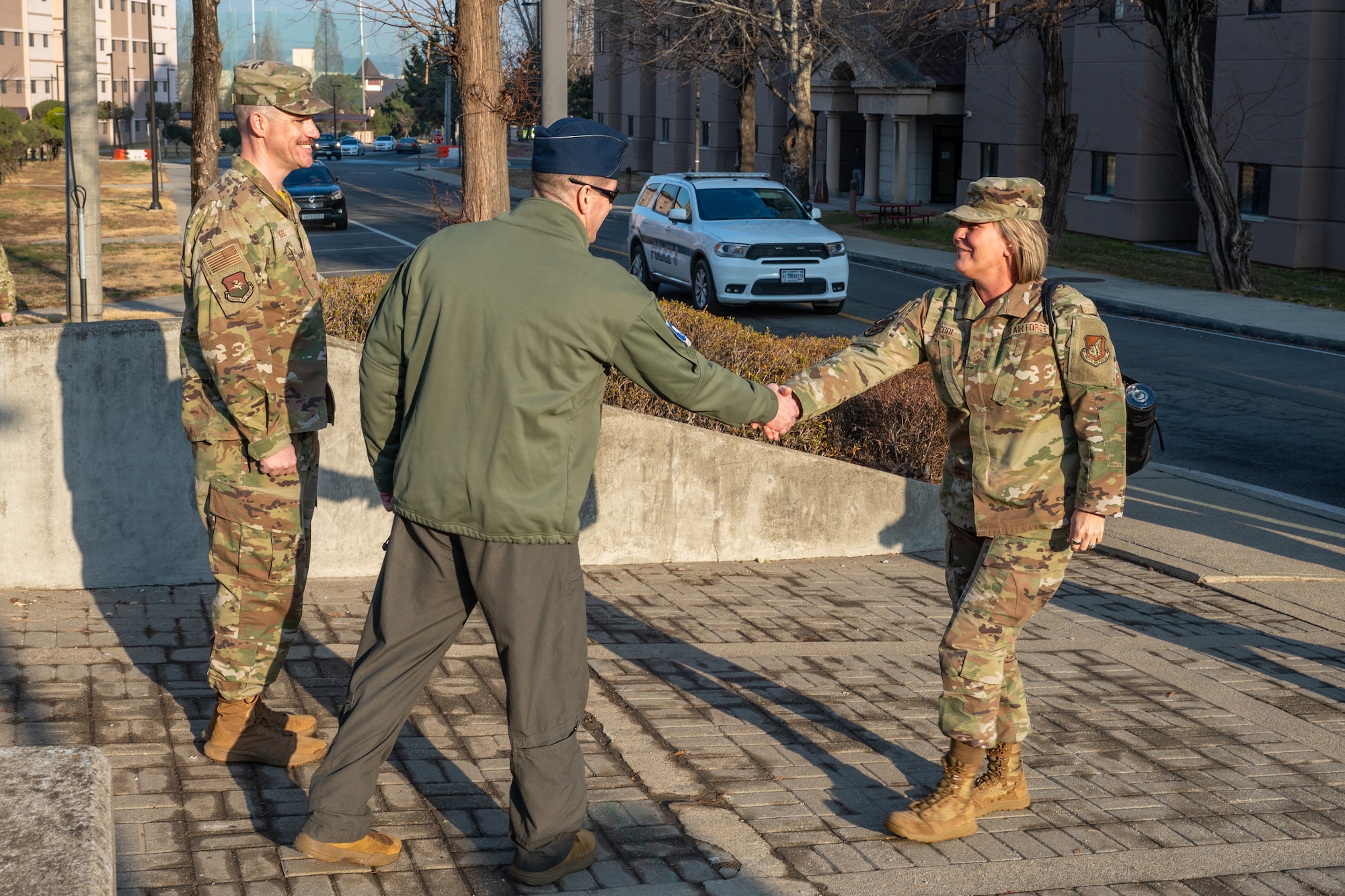 Osan leadership greets the PACAF command chief during a visit to Osan.
