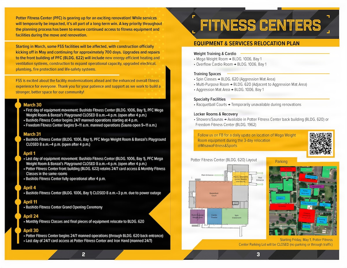 A brochure outlines the Potter Fitness Center renovation and service relocation plan at Misawa Air Base, Japan, March 19, 2026. The phased renovation will shift fitness services and equipment to alternate locations, including the Community Commons, while the back half of the Potter Fitness Center remains open to support fitness access and readiness across the installation.