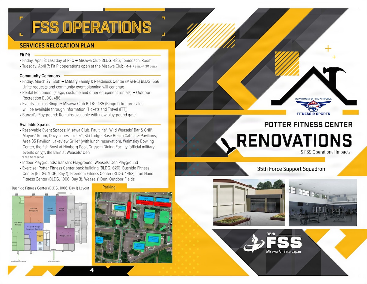 A brochure highlights the Potter Fitness Center renovation and service relocation plan at Misawa Air Base, Japan, March 19, 2026. The project is designed to maintain fitness access across the installation during construction and support the health, readiness and resilience of the Misawa community.