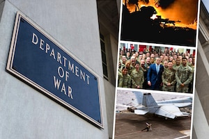 In a graphic, three photographs are stacked next to the Department of War sign on a building.