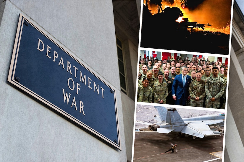 In a graphic, three photographs are stacked next to the Department of War sign on a building.