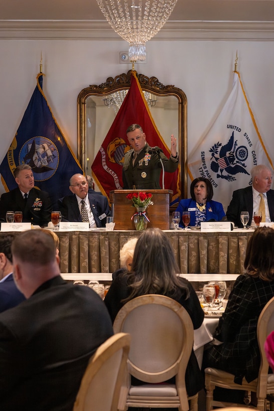 U.S. Marine Corps Lt. Gen. Leonard F. Anderson IV, commander of Marine Forces Reserve and Marine Forces South, speaks to the importance of the sea services during the military appreciation day luncheon hosted by the New Orleans Navy League at the Metairie Country Club, Metairie, Louisiana, March 18, 2026. The New Orleans Navy League hosted the event to recognize and award service members in the New Orleans area. (U.S. Marine Corps photo by Lance Cpl. Edward Spears)