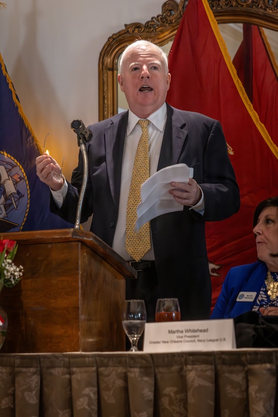 John Kelly, president of the New Orleans Navy League, gives closing remarks during the military appreciation day luncheon hosted by the New Orleans Navy League at the Metairie Country Club, Metairie, Louisiana, March 18, 2026. The New Orleans Navy League hosted the event to recognize and award service members in the New Orleans area. (U.S. Marine Corps photo by Lance Cpl. Edward Spears)