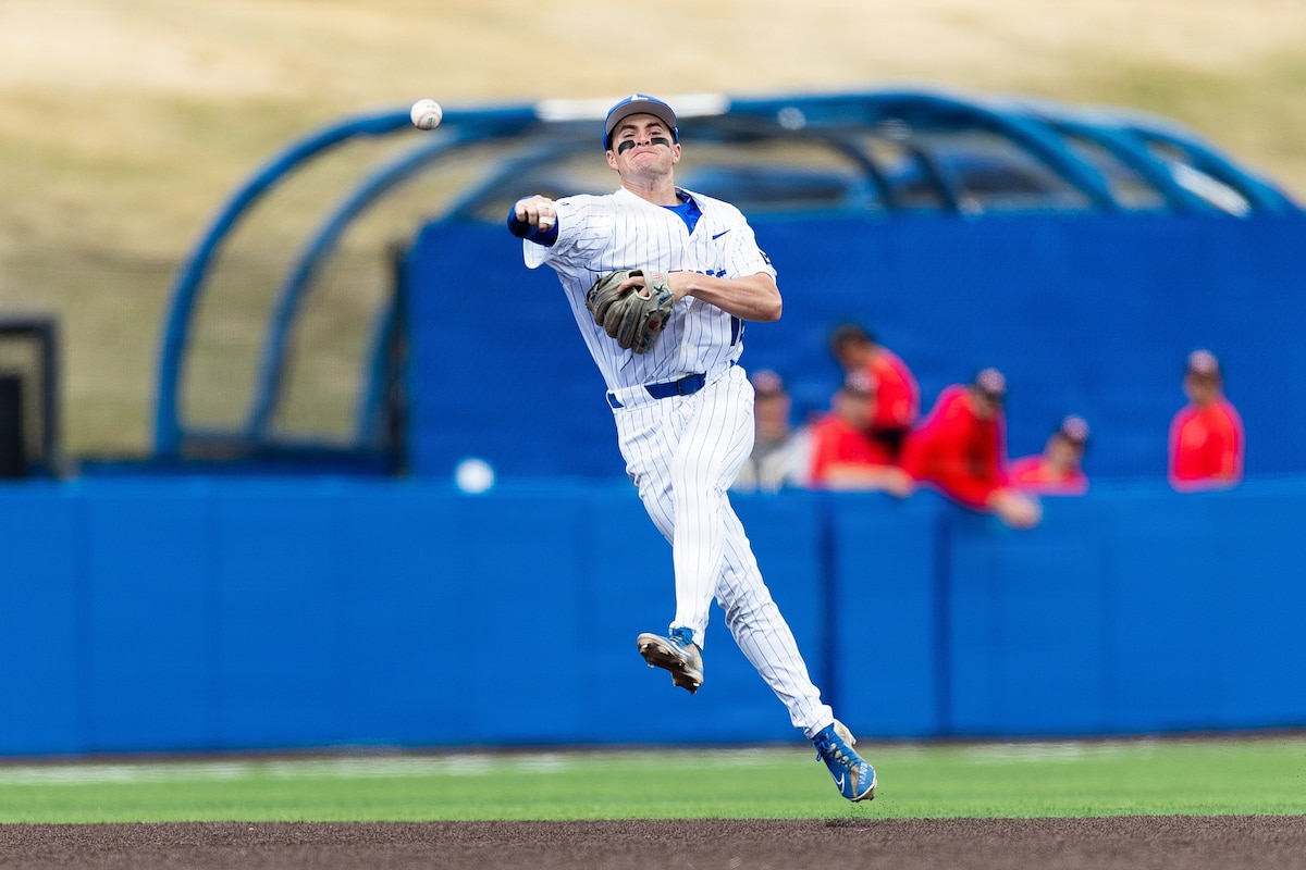 Air Force’s Ben Niednagel throws to first base during a game against the University of Nevada, Las Vegas at the U.S. Air Force Academy’s Erdle Field in Colorado Springs, Colo., March 13, 2026. Air Force defeated UNLV 16-5 to open conference play. (U.S. Air Force photo by Ray Bahner)