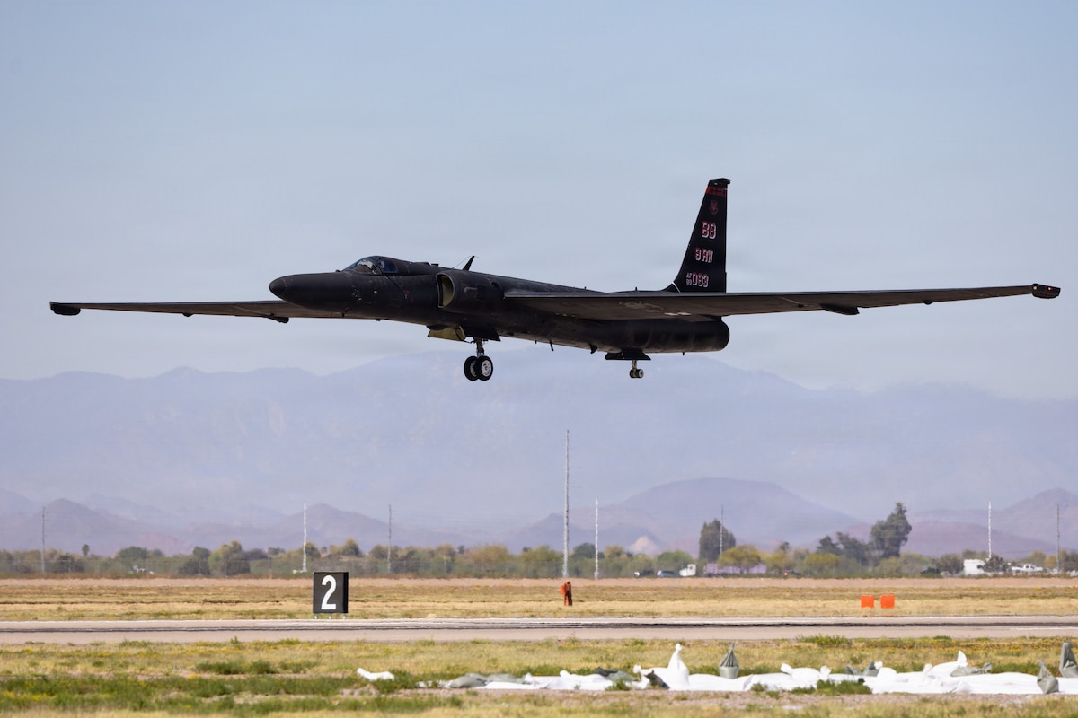 A U-2 Dragon Lady assigned to the 9th Reconnaissance Wing performs a flyby during Luke Days 2026, at Luke Air Force Base, Ariz., March 20, 2026. The U-2 provides high-altitude, all-weather intelligence, surveillance and reconnaissance in support of U.S. and allied forces. (U.S. Air National Guard photo by Tech. Sgt. Hampton Stramler)