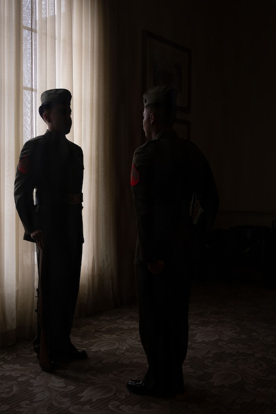 U.S. Marines with the Marine Forces Reserve Color Guard rehearse facing movements during the annual military appreciation day luncheon hosted by the New Orleans Navy League at the Metairie Country Club, Metairie, Louisiana, March 18, 2026. The New Orleans Navy League hosted the event to recognize and award service members in the New Orleans area. (U.S. Marine Corps photo by Lance Cpl. Edward Spears)