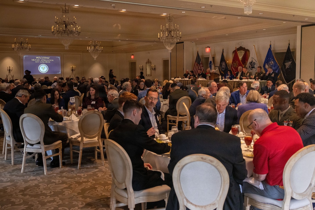 People attend the New Orleans Navy League hosts the annual military appreciation day luncheon at the Metairie Country Club, Metairie, Louisiana, March 18, 2026. The New Orleans Navy League hosted the event to recognize and award service members in the New Orleans area. (U.S. Marine Corps photo by Lance Cpl. Edward Spears)