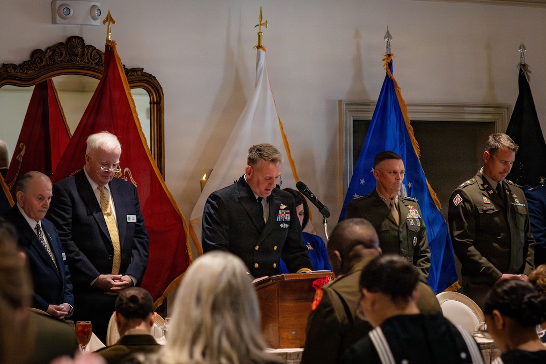 U.S. Navy Lt. Jeffrey Owens, chaplain, Naval Air Station Joint Reserve Base New Orleans, gives a speech during the annual military appreciation day luncheon hosted by the New Orleans Navy League at the Metairie Country Club, Metairie, Louisiana, March 18, 2026. The New Orleans Navy League hosted the event to recognize and award service members in the New Orleans area. (U.S. Marine Corps photo by Lance Cpl. Edward Spears)