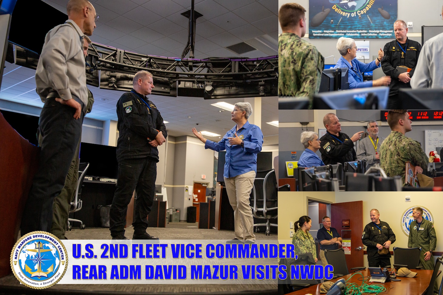 Rear Adm. David E. Mazur, vice commander of U.S. 2nd Fleet and a member of the Royal Canadian Navy, receives a demonstration of modeling and simulation capabilities from Stephanie Lewis, director of Fleet Synthetic Training at Navy Warfare Development Center, during a tour of the Navy Center for Advanced Modeling and Simulation (NCAMS), March 4, 2026. Mazur visited NWDC to learn about modeling, simulation and the upcoming 2nd Fleet 360 Wargame supporting fleet readiness and warfighting