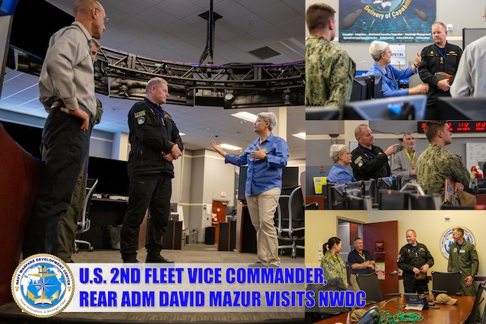 Rear Adm. David E. Mazur, vice commander of U.S. 2nd Fleet and a member of the Royal Canadian Navy, receives a demonstration of modeling and simulation capabilities from Stephanie Lewis, director of Fleet Synthetic Training at Navy Warfare Development Center, during a tour of the Navy Center for Advanced Modeling and Simulation (NCAMS), March 4, 2026. Mazur visited NWDC to learn about modeling, simulation and the upcoming 2nd Fleet 360 Wargame supporting fleet readiness and warfighting