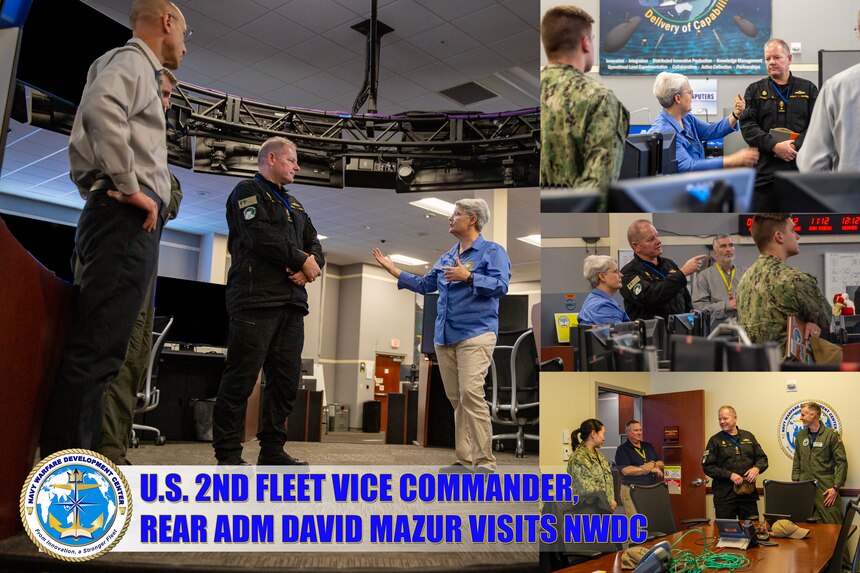 Rear Adm. David E. Mazur, vice commander of U.S. 2nd Fleet and a member of the Royal Canadian Navy, receives a demonstration of modeling and simulation capabilities from Stephanie Lewis, director of Fleet Synthetic Training at Navy Warfare Development Center, during a tour of the Navy Center for Advanced Modeling and Simulation (NCAMS), March 4, 2026. Mazur visited NWDC to learn about modeling, simulation and the upcoming 2nd Fleet 360 Wargame supporting fleet readiness and warfighting