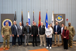 Senior leaders from the National Air and Space Intelligence Center and National Space Intelligence Center pose for a group photo with a congressional staff delegation at Wright-Patterson Air Force Base, Ohio, Feb. 27, 2026. The visit strengthened partnerships and provided House Armed Services Committee members’ senior staff with an in-depth understanding of the cohesive mission collaboration between the installation's key organizations.