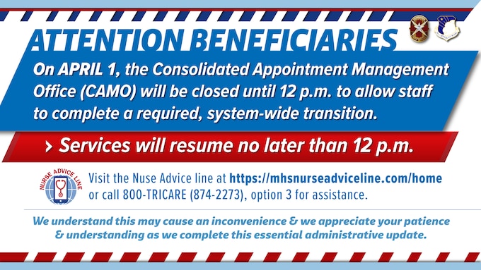On April 1, the Consolidated Appointment Management Office (CAMO) appointment scheduling phone lines will be temporarily unavailable until 12:00 p.m. as staff complete a required system transition.