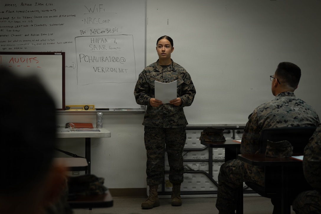 U.S. Marine Corps Lance Cpl Angela Rochapena, an administrative specialist with 4th Medical Battalion, 4th Marine Logistics Group, Marine Forces Reserve, gives a class on medical audits during a Reserve Mobilization Exercise 26 (RMX-26), San Diego, March 3, 2026. The week long exercise validates the battalion’s ability to rapidly activate personnel and equipment, ensuring the unit can deliver ready forces in response to a national crisis. (U.S. Marine Corps photo by Lance Cpl. Claire Cheney)