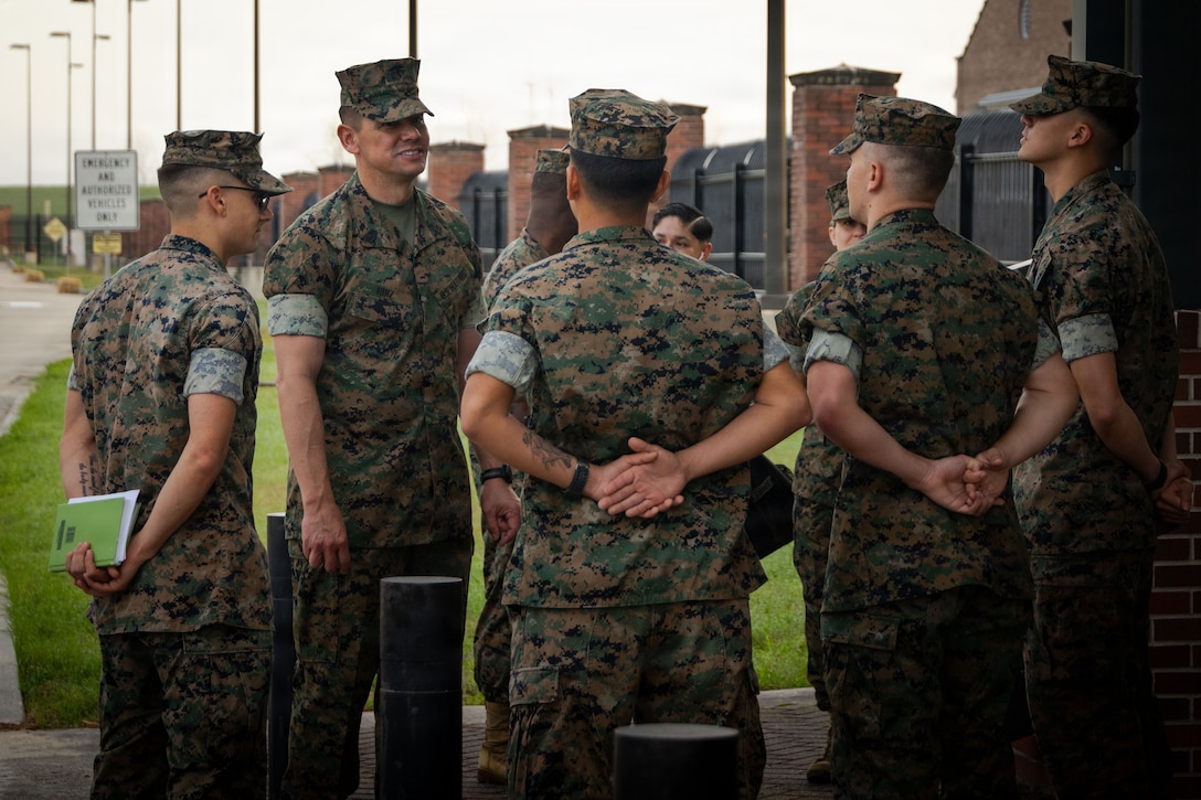 U.S. Marine Corps Sgt. Maj. Carlos A. Ruiz, the 20th Sergeant Major of the Marine Corps, speaks amongst junior Marines at Marine Corps Support Facility New Orleans, March 10, 2026. Ruiz visited the facility as part of the SMMC Force Level Summit. (U.S. Marine Corps photo by Lance Cpl. Edward Spears)
