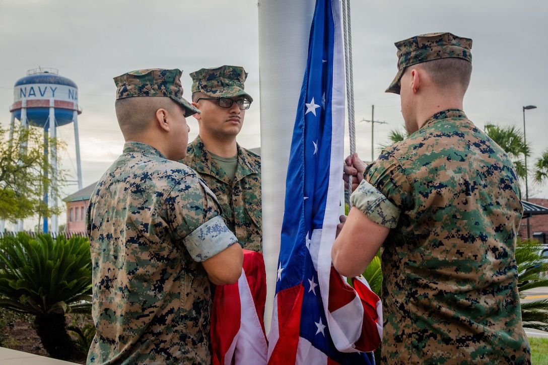 Marine Forces Reserve Color Guard prepare to raise morning colors at the Marine Corps Support Facility New Orleans, March 10, 2026. Ruiz visited the facility to attend the annual sergeant major summit. The summit was held for senior officers and senior enlisted advisors, serving at the Marine Forces level, to discuss important and emerging topics in the Marine Corps. (U.S. Marine Corps photo by Lance Cpl. Edward Spears)