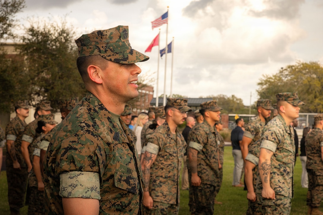 U.S. Marine Corps Sgt. Maj. Carlos A. Ruiz, the 20th Sergeant Major of the Marine Corps, calls drill cadence at Marine Corps Support Facility New Orleans, March 10, 2026. Ruiz visited the facility as part of the SMMC Force Level Summit. (U.S. Marine Corps photo by Lance Cpl. Edward Spears)