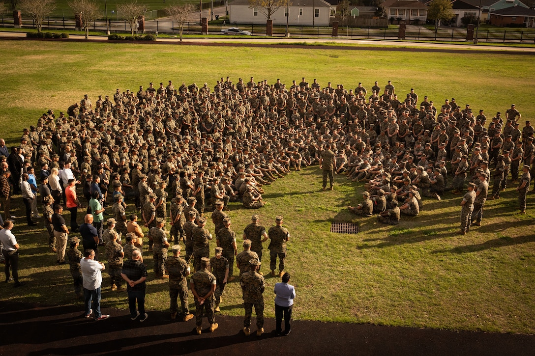 U.S. Marine Corps Sgt. Maj. Carlos A. Ruiz, the 20th Sergeant Major of the Marine Corps, gives  a speech at Marine Corps Support Facility New Orleans, March 10, 2026. Ruiz visited the facility as part of the SMMC Force Level Summit. (U.S. Marine Corps photo by Lance Cpl. Edward Spears)