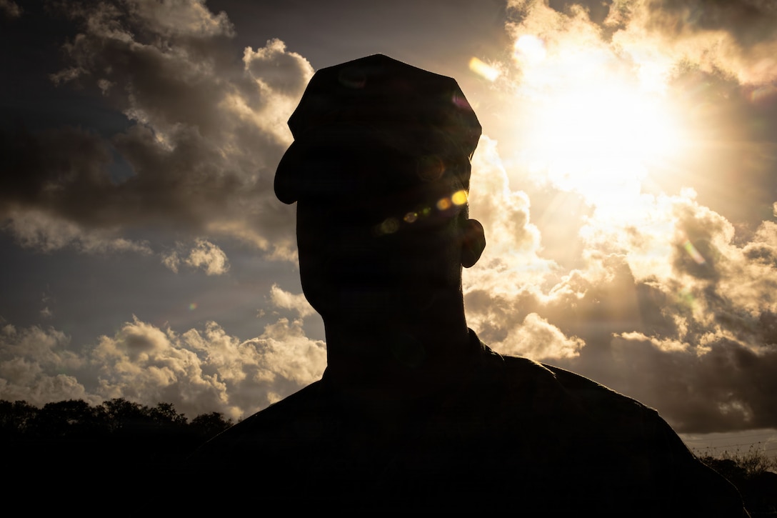 U.S. Marine Corps Master Gunnery Sgt. James Parks, G-4 Chief, Marine Forces Reserve, stands at parade rest at Marine Corps Support Facility New Orleans, March 10, 2026. Ruiz visited the facility to attend the annual sergeant major summit. (U.S. Marine Corps photo by Lance Cpl. Edward Spears)