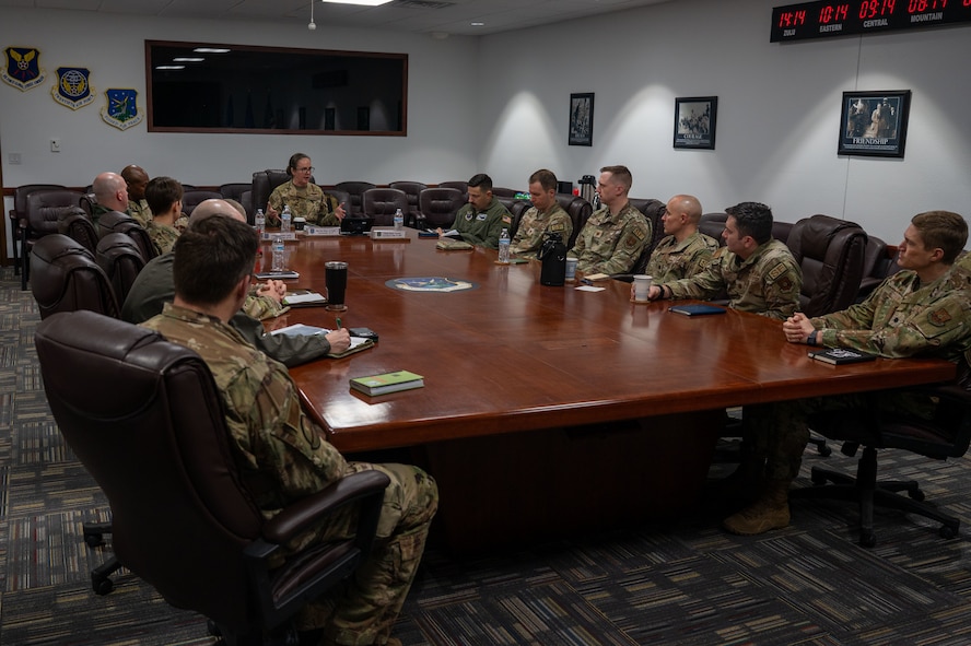 U.S. Air Force Maj. Gen. Stacy Jo Huser, 20th Air Force commander, and Chief Master Sgt. Nicholas Taylor, 20th Air Force command chief, meet with leadership from the 91st Missile Wing at Minot Air Force Base, North Dakota, March 23, 2026. During the visit leadership observed how maintenance, operations and security force teams sustain the wings 24/7 mission in a specialized environment. (U.S. Air Force photo by Airman 1st Class Anthony Ramey)