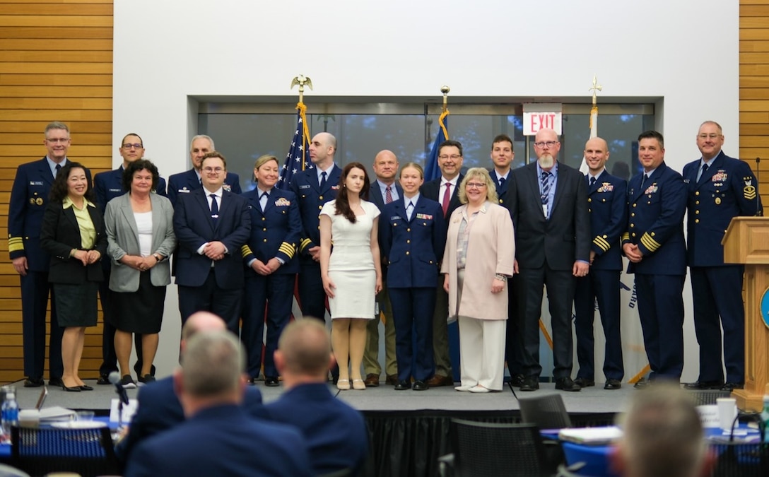 Coast Guard senior leaders and representatives from the winning teams at the annual Capt. Niels P. Thomsen Innovation Awards ceremony.