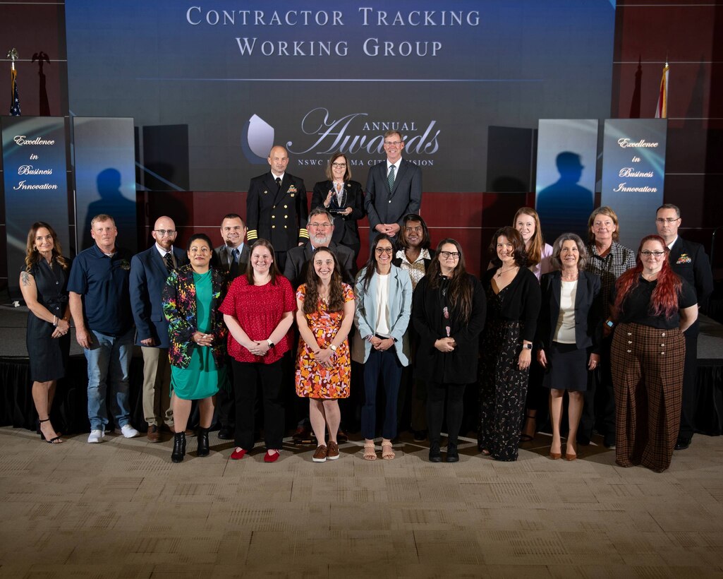 FY25 NSWC PCD Annual Award for Excellence in Business Innovation: Contractor Tracking Working Group -
Robert Abbott, Tiffany Ackerland, Carisa Baker, Monica Beaver, Rosalia Bellissima, Wynne Bischoff, Linda Bland, Victoria Bottorf, Curtis Bruce, Jr., Thanh Cai, Justina Corby, Tina Curtis, Commander Christopher Duncan, Amanda Farris, Susan Lawson, Emily Little, Frances Negron, Gretchen Rivera, Peter Walker, and Brandon Winkler
(U.S. Navy photo by Eddie Green)