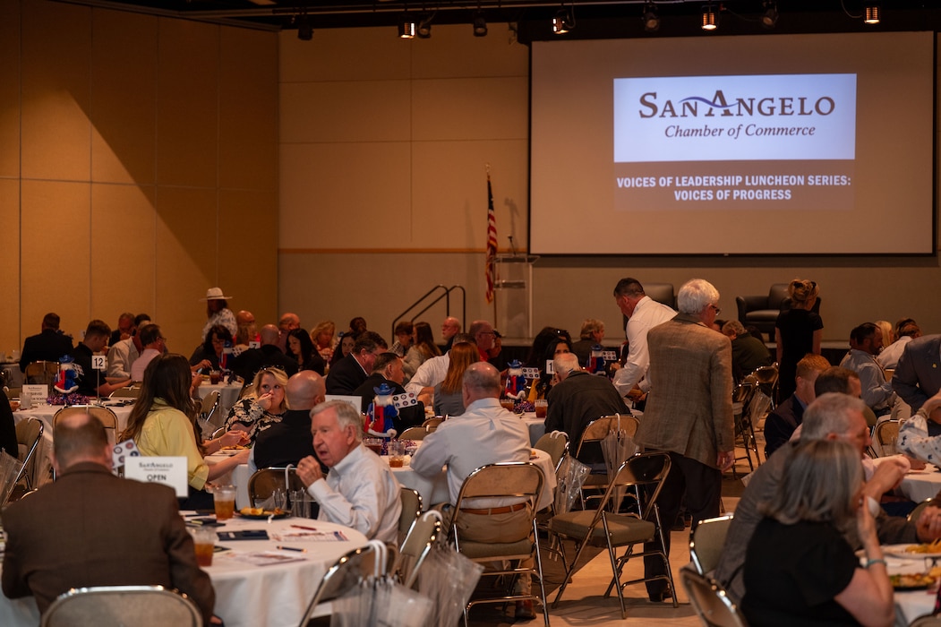 Members of the San Angelo community and personnel from Goodfellow Air Force Base converse during the San Angelo Chamber of Commerce Goodfellow update luncheon at the McNease Convention Center, San Angelo, Texas, March 24, 2026. The event brought together military and community leaders to discuss the installation’s impact and future direction. (U.S. Air Force photo by Senior Airman Brian Lummus)