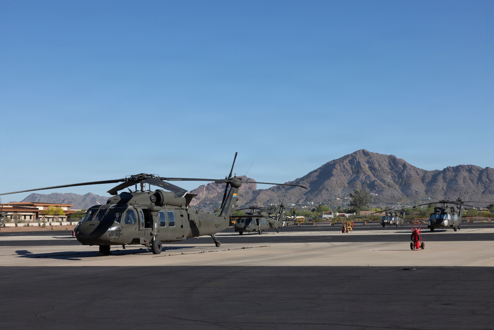 An Arizona Army National Guard UH60-M Blackhawk helicopter, assigned to the 2-285th Assault Helicopter Battalion, sits on the flightline at Papago Park Military Reservation, Ariz., Mar. 26, 2026.