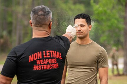 A Florida Army National Guard Soldier is exposed to oleoresin capsicum (OC) during a certification event at Camp Blanding Joint Training Center, Fla., March 25, 2026.