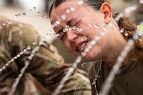 2nd Lt. Hannah Slaght, an air defense artillery officer with the 265th Air Defense Artillery Regiment, participates in an oleoresin capsicum (OC) certification event at Camp Blanding Joint Training Center, Fla., March 25, 2026.
