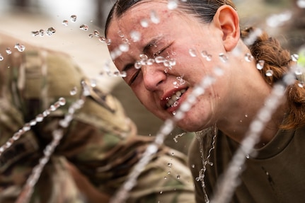 2nd Lt. Hannah Slaght, an air defense artillery officer with the 265th Air Defense Artillery Regiment, participates in an oleoresin capsicum (OC) certification event at Camp Blanding Joint Training Center, Fla., March 25, 2026.