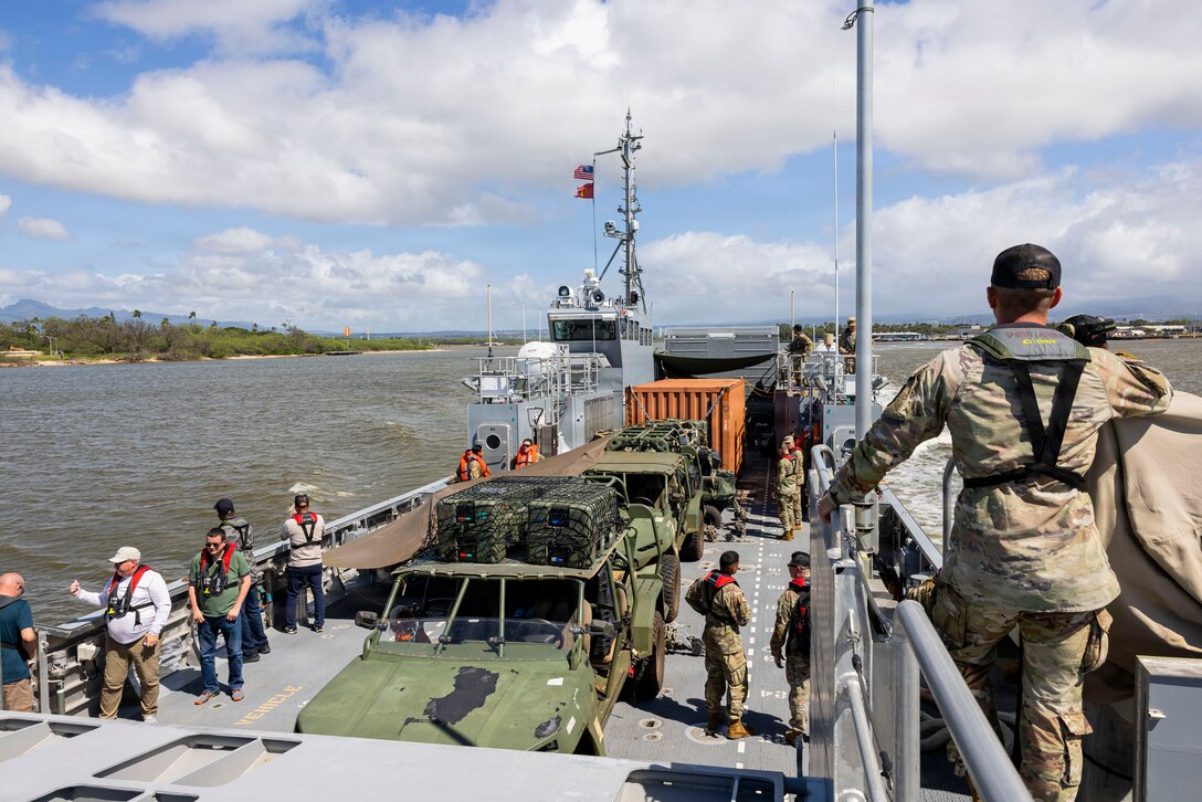 U.S. Soldiers, assigned to the 8th Forward Resuscitative Surgical Detachment, the 5th Composite Watercraft Company, and the 7th Transportation Brigade - Expeditionary, conduct an  External Evaluation and a demonstration of littoral medical operations aboard the U.S. Army Vessel SSG Elroy F. Wells (MSV(L)-01) off the shore of Joint Base Pearl Harbor-Hickam, Hawaii, March 24, 2026.