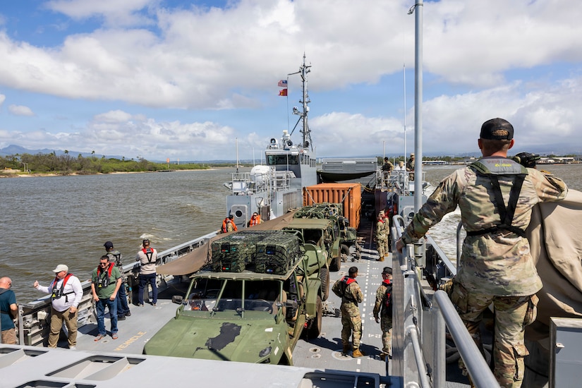 U.S. Soldiers, assigned to the 8th Forward Resuscitative Surgical Detachment, the 5th Composite Watercraft Company, and the 7th Transportation Brigade - Expeditionary, conduct an  External Evaluation and a demonstration of littoral medical operations aboard the U.S. Army Vessel SSG Elroy F. Wells (MSV(L)-01) off the shore of Joint Base Pearl Harbor-Hickam, Hawaii, March 24, 2026.