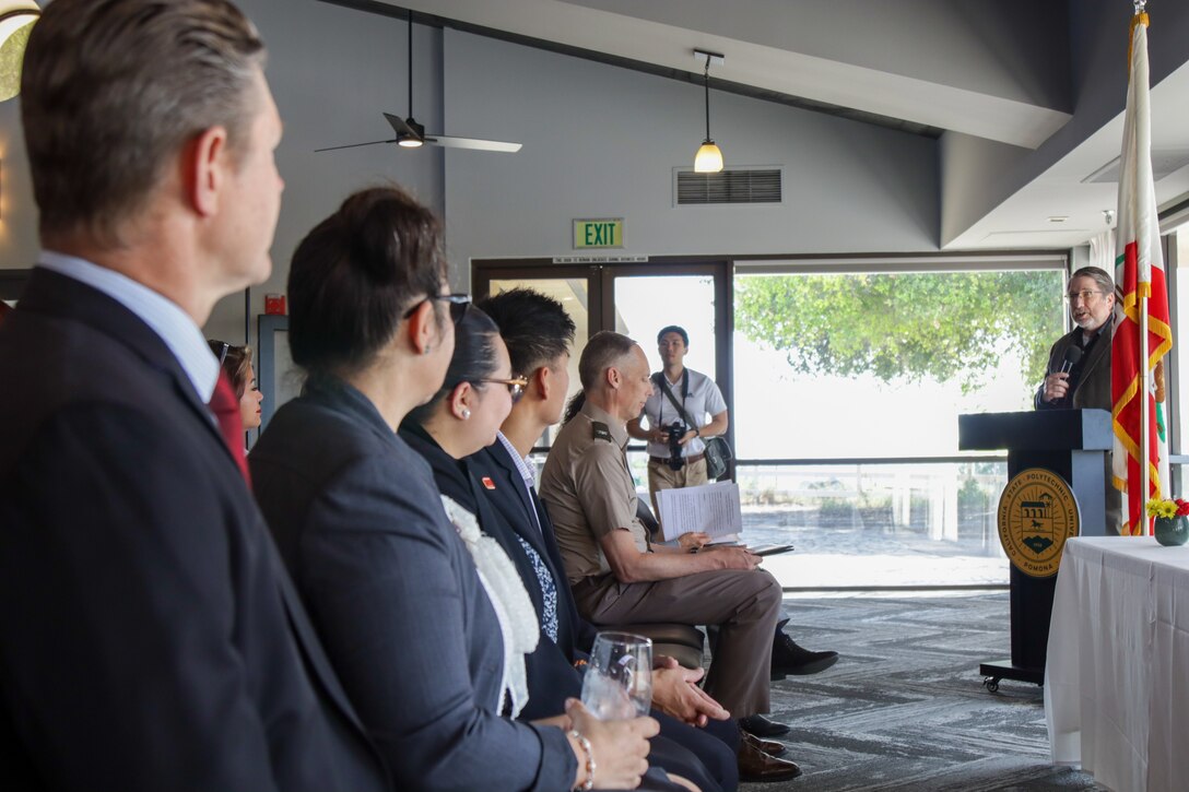 Col. Andrew Baker, U.S. Army Corps of Engineers Los Angeles District commander, gives remarks to audience members attending the memorandum of understanding ceremony taking place March 24 at California Polytechnic State University Pomona.