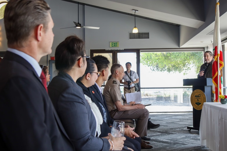 Col. Andrew Baker, U.S. Army Corps of Engineers Los Angeles District commander, gives remarks to audience members attending the memorandum of understanding ceremony taking place March 24 at California Polytechnic State University Pomona.