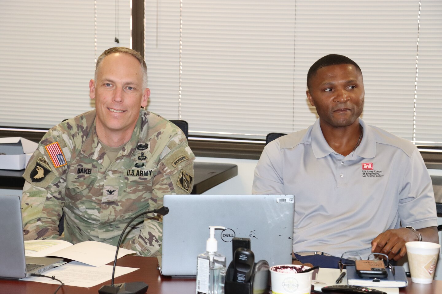 Los Angeles District Commander Col. Andrew Baker and Deputy Commander Lt. Col. Stephen Brooks review the training scenario during a continuity of operations training exercise March 17 at the LA District’s area office in Phoenix.