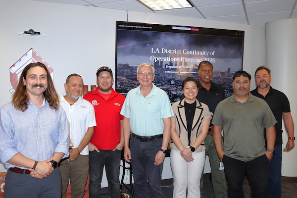 The U.S. Army Corps of Engineer Los Angeles District’s Emergency Management, Security and Safety branch managers and specialists pose for a photo during a continuity of operations training exercise March 17 at the LA District’s area office in Phoenix.