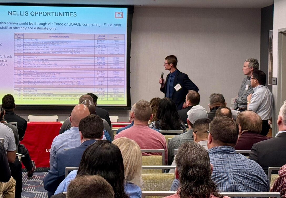 James Elsberry, chief of Military Programs for the U.S. Army Corps of Engineers Los Angeles District, center, addresses attendees March 5 at the Industry Day focusing on project opportunities at Nellis Air Force Base, Nevada.