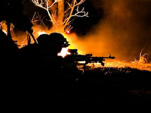 U.S. Army Soldier assigned to 11th Airborne Division, fire a M240 machine gun during Combined Arms Live-Fire Exercise at Rodriguez Live Fire Complex, South Korea, Mar. 24, 2026.