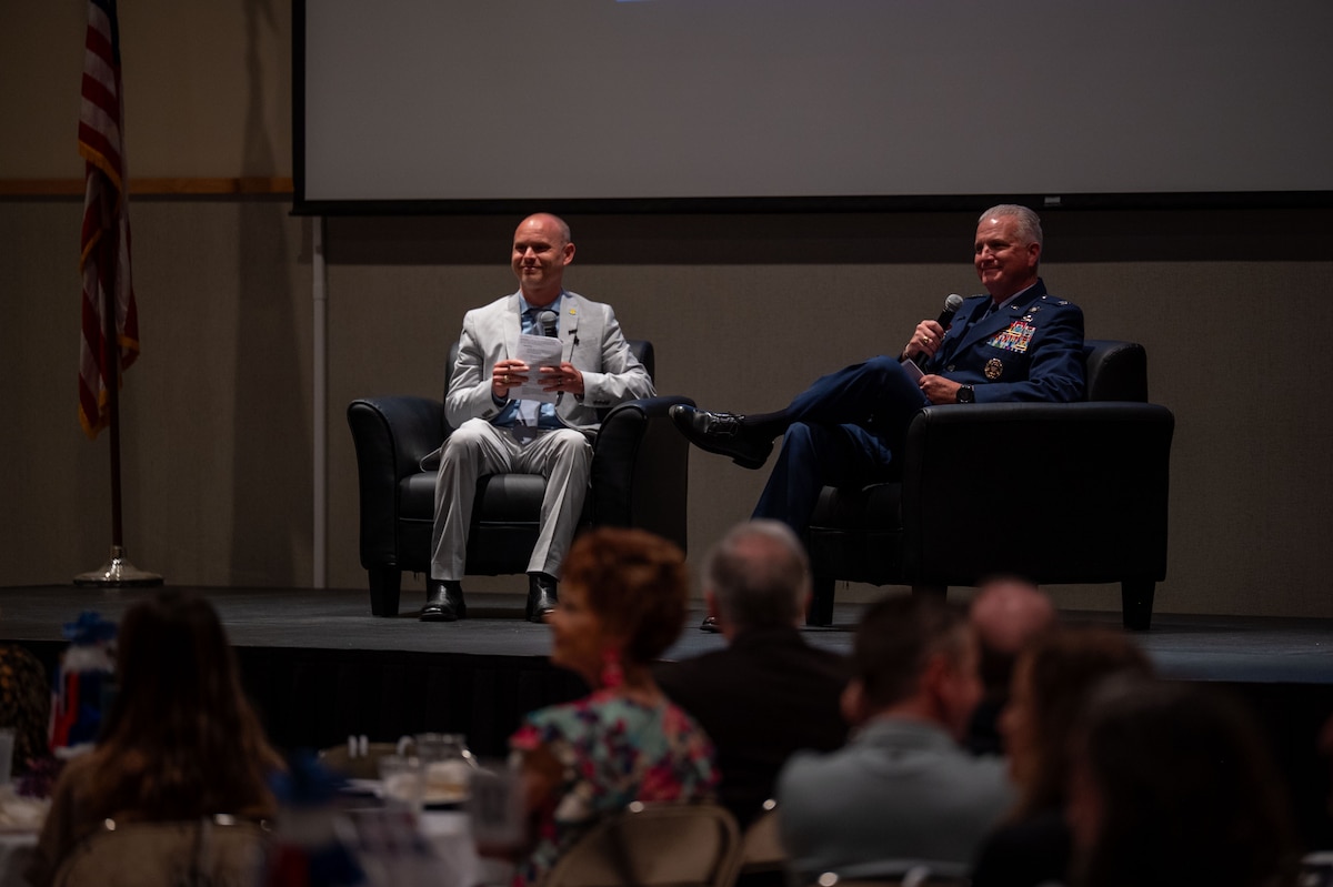 U.S. Air Force Col. Matthew Norton, 17th Training Wing commander, and Mr. J.R. Orlando, 17th Training Wing Public Affairs chief, participate in a discussion during the San Angelo Chamber of Commerce Goodfellow update luncheon at the McNease Convention Center, San Angelo, Texas, March 24, 2026. The event brought together community leaders and Goodfellow Air Force Base personnel to discuss the installation’s impact and future direction. (U.S. Air Force photo by Senior Airman Brian Lummus)