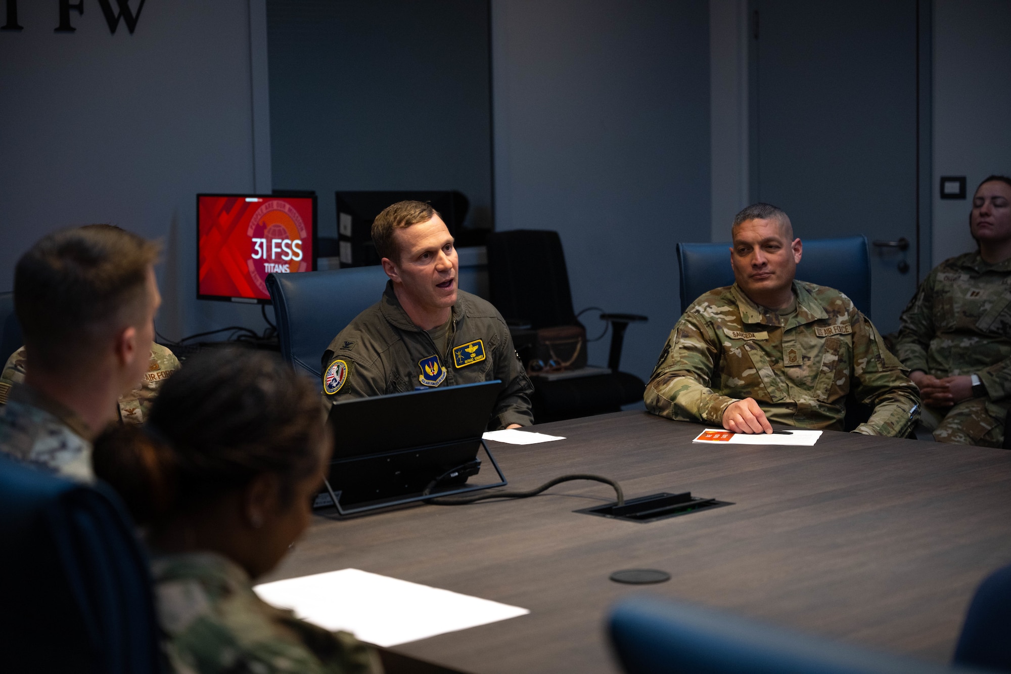 U.S. Air Force Col. Michael Kingry, 31st Fighter Wing deputy commander, gives opening remarks during a virtual tour of the 31st Force Support Squadron at Aviano Air Base, Italy, March 25, 2026.