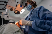 U.S. Air Force Lt. Col. Jessica Bolton, 96th Medical Group ophthalmologist, performs cataract surgery at the Georgetown Public Hospital Corporation in Georgetown, Guyana, March 17, 2026. During Lesser Antilles Medical Assistance Team 2026, ophthalmology teams delivered sight-restoring procedures in coordination with local providers, enhancing readiness while directly improving quality of life for patients. (U.S. Air Force photo by Maj. Stephani Schafer)