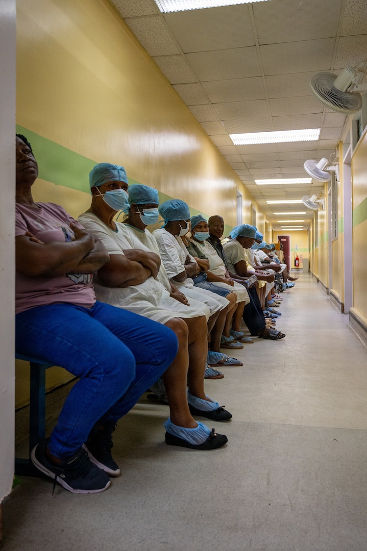 Guyanese patients wait for ophthalmological procedures at the Georgetown Public Hospital Corporation in Georgetown, Guyana, March 18, 2026. During the Lesser Antilles Medical Assistance Team (LAMAT) 2026, ophthalmology teams delivered sight-restoring procedures in coordination with local providers, enhancing readiness while directly improving quality of life for patients. (U.S. Air Force photo by Maj. Stephani Schafer)