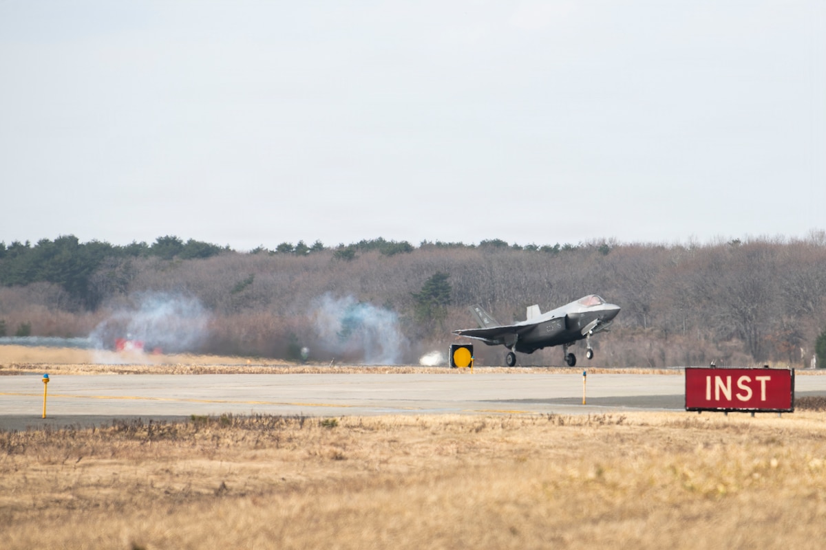 A U.S. Air Force F-35A Lightning II lands at Misawa Air Base, Japan, March 28, 2026.