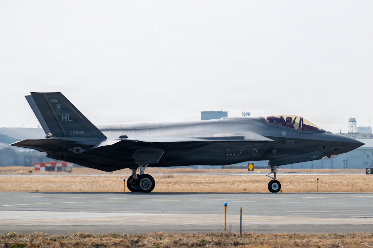 U.S. Air Force Capt. Patrick Pearce, 13th Fighter Squadron pilot, taxis an F-35A Lightning II during the F-35 first aircraft arrival at Misawa Air Base, Japan, March 28, 2026.