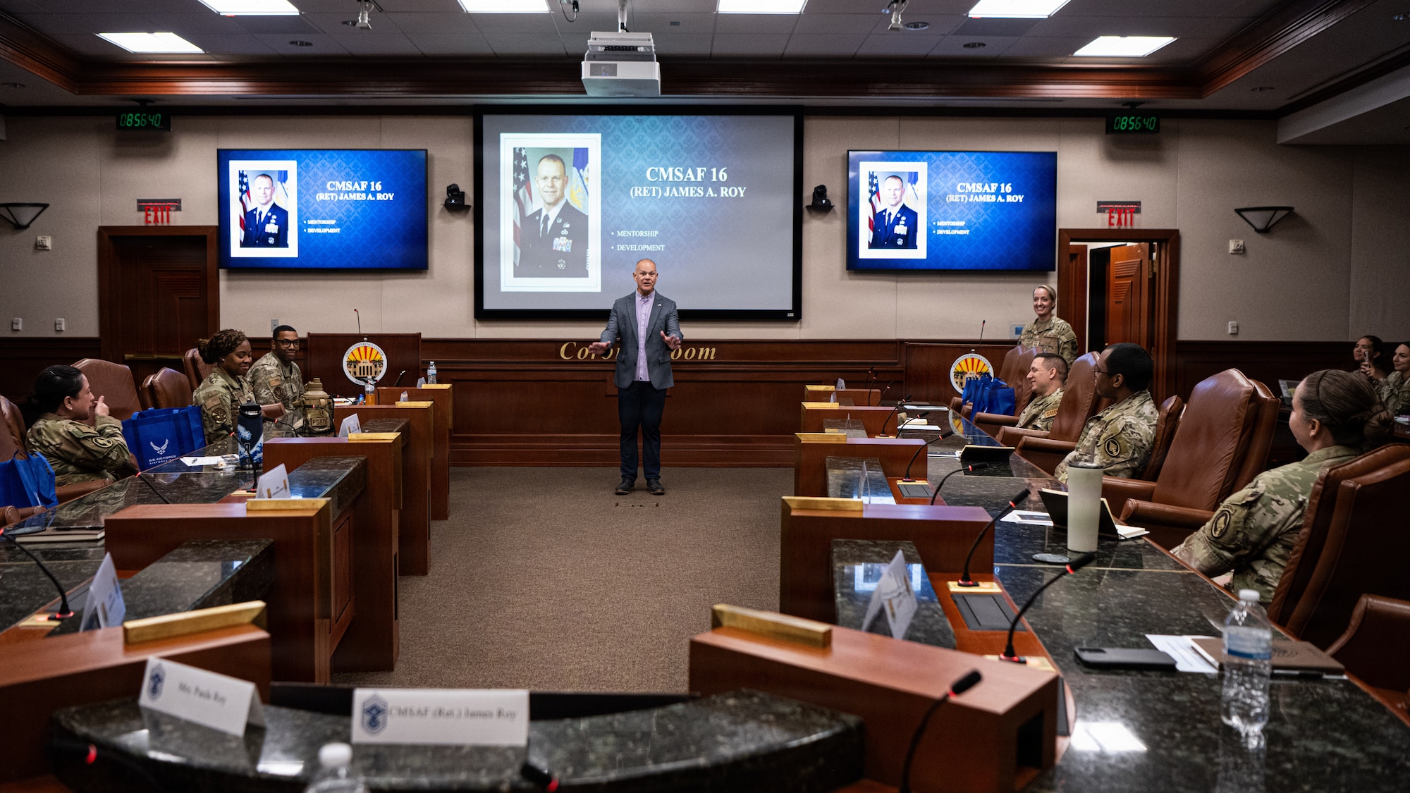 Retired Chief Master Sgt. of the Air Force James A. Roy speaks to chief master sergeant selectees during a professional enhancement seminar at MacDill Air Force Base, Florida, March 12, 2026. Roy spoke with the selectees about caring for their Airmen and holding them to a consistent standard. (U.S. Air Force photo by Airman 1st Class Helen Ly)